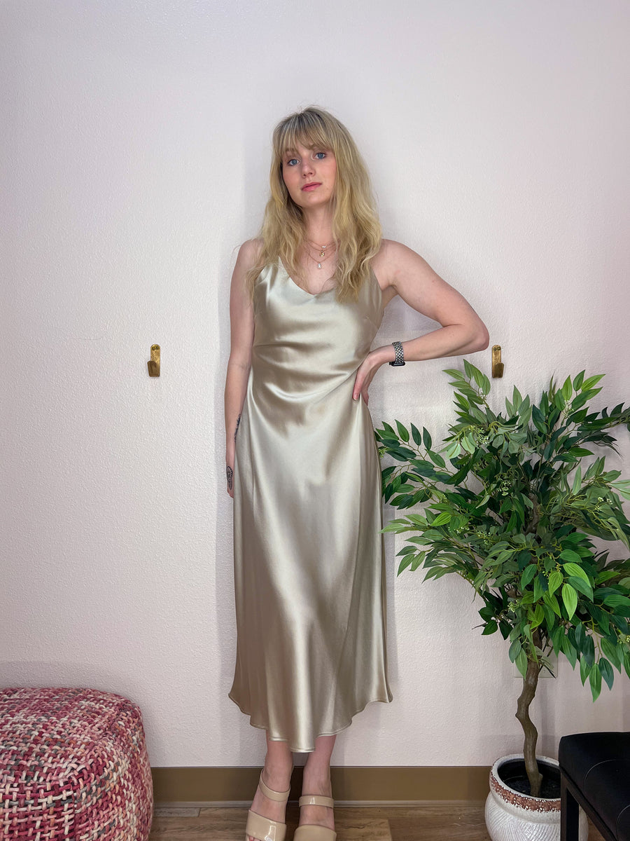 slip dress champagne Celebrity Inspired Champagne Slip Dress Evening Gown
