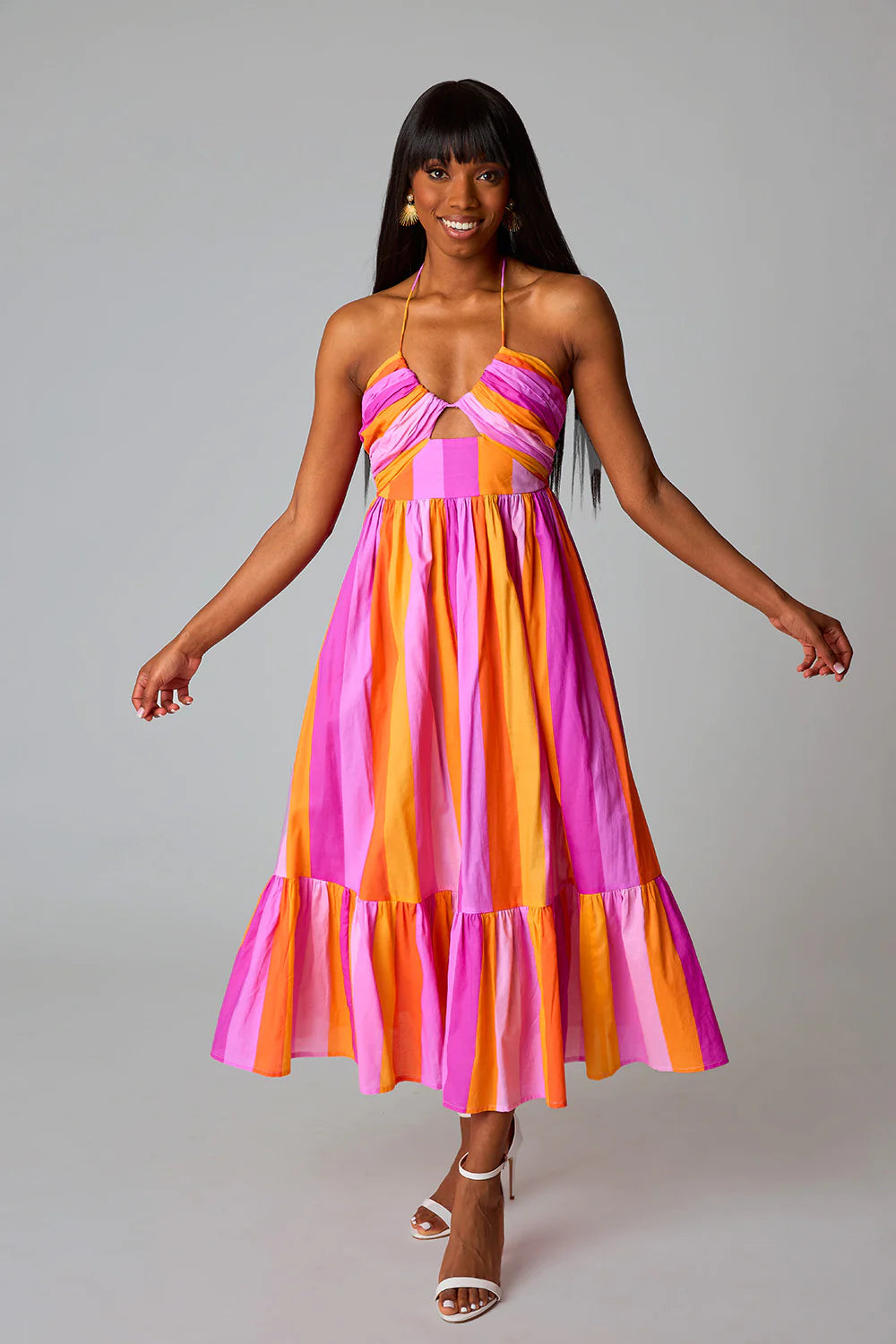 Pink & Orange Striped Midi Halter Dress Skal Moon Boutique Pink & Orange Striped Midi Halter Dress Skal Moon Boutique