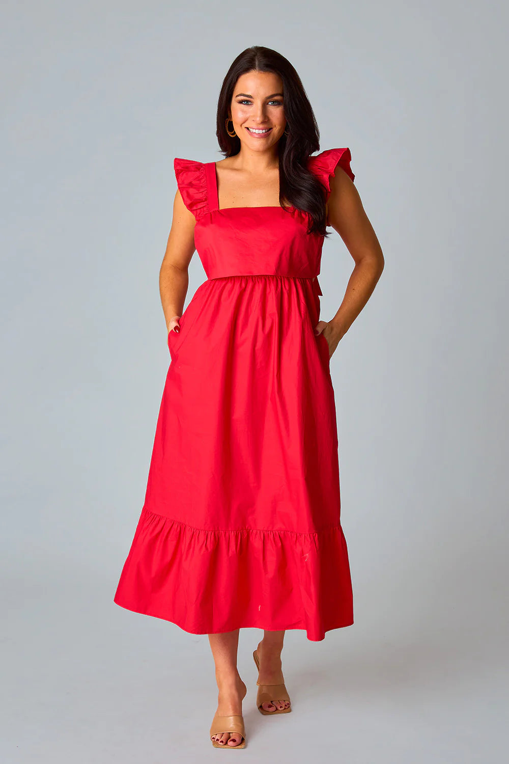 knee length dresses for ladies Pink Floral Ruffle Sleeve Midi Dress Small