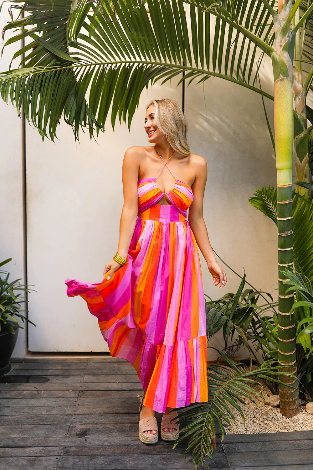 Pink & Orange Striped Midi Halter Dress Skal Moon Boutique Pink & Orange Striped Midi Halter Dress Skal Moon Boutique