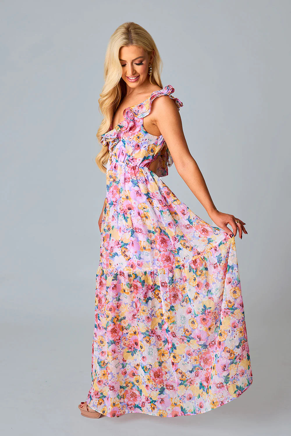 purple floral ruffle maxi dress Heather Ruffled Maxi Dress